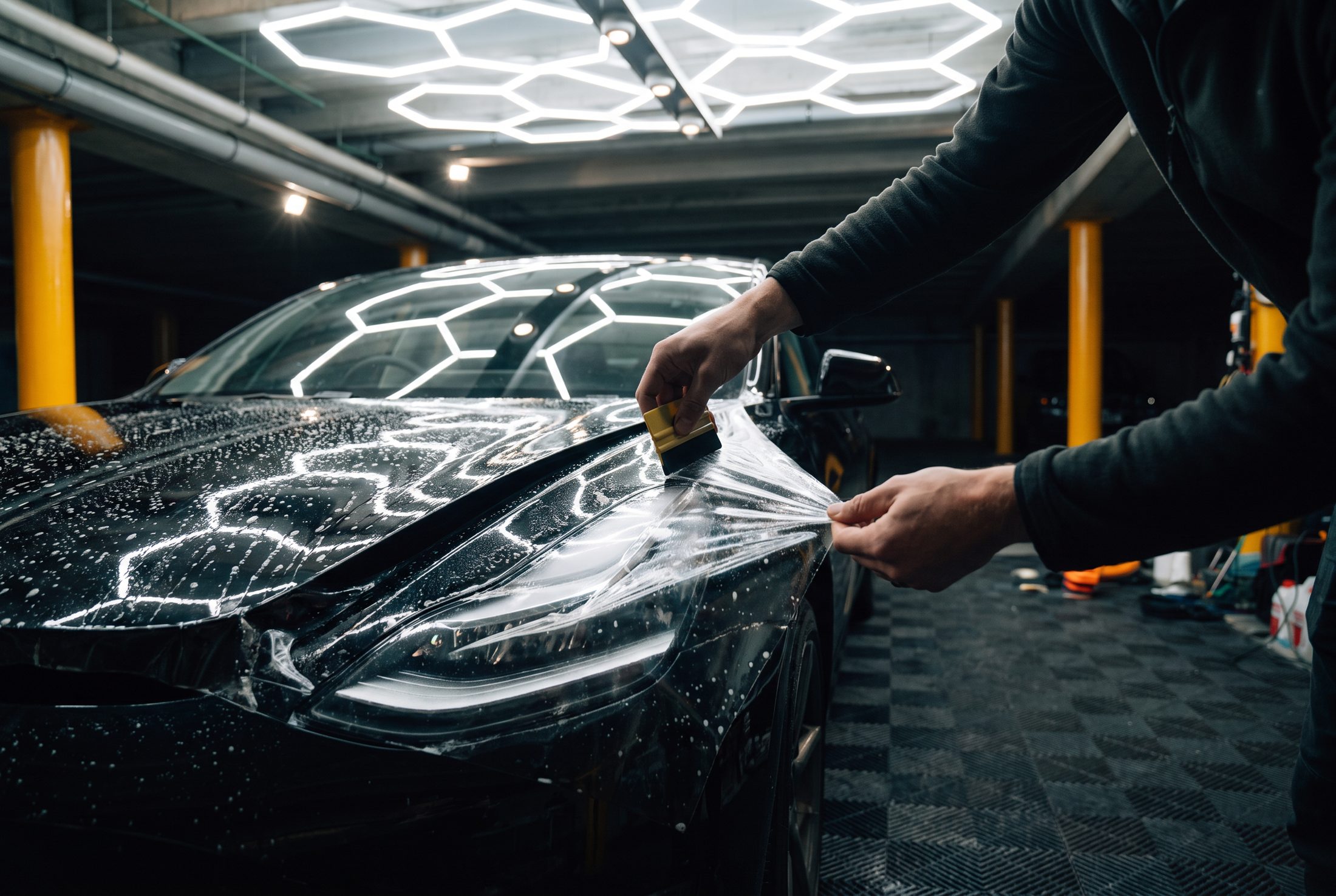 Clear paint protection film being applied to a bonnet under the hex lights