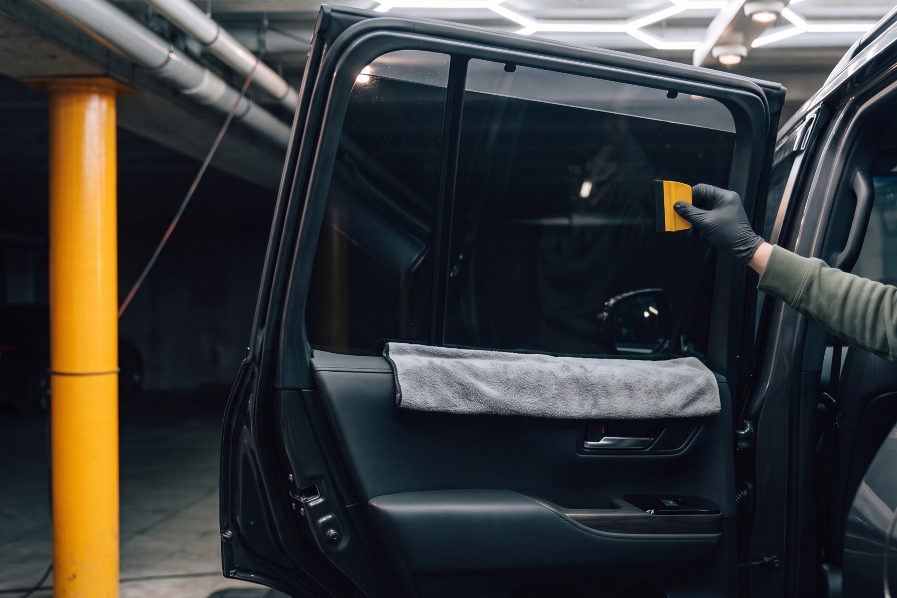 Window tint film being squeegeed onto the inside of a rear door window at the workshop